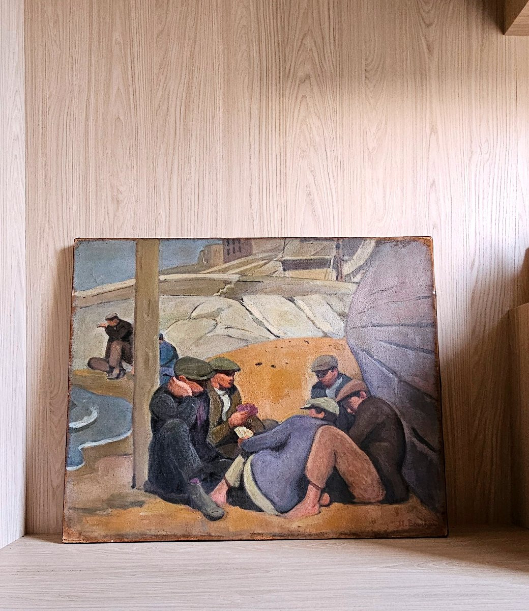 Etienne BOUCHAUD - Huile sur toile JOUEURS DE CARTES au bord de la mer - Alger, Marseille ?-photo-1