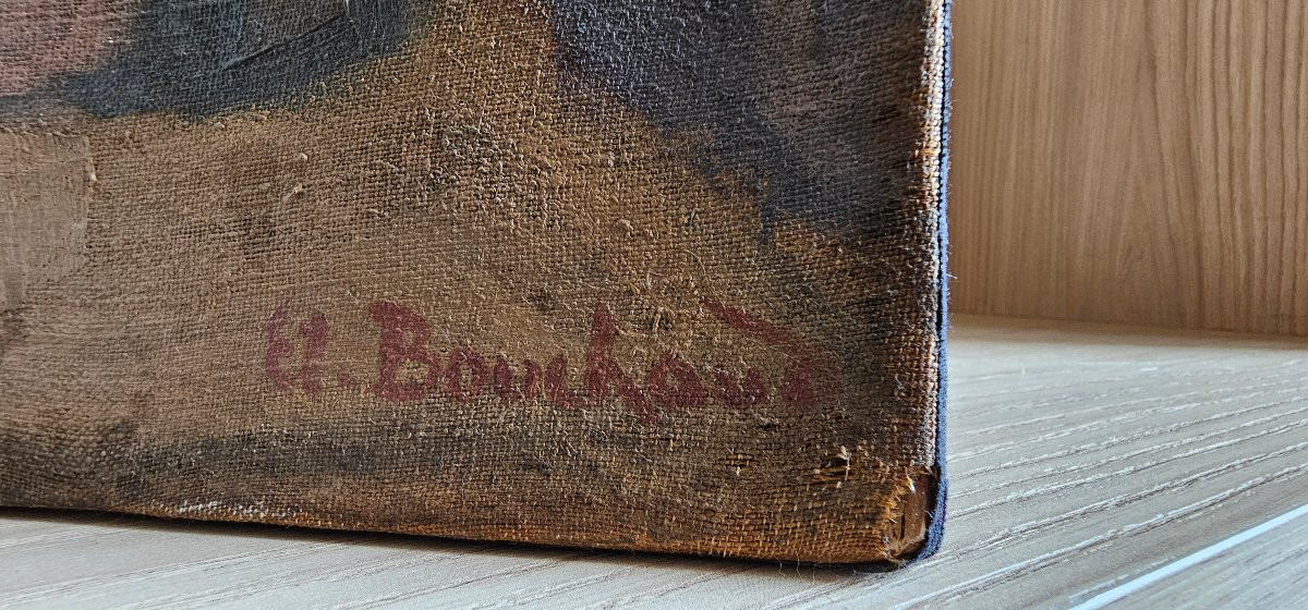 Etienne BOUCHAUD - Huile sur toile JOUEURS DE CARTES au bord de la mer - Alger, Marseille ?-photo-2