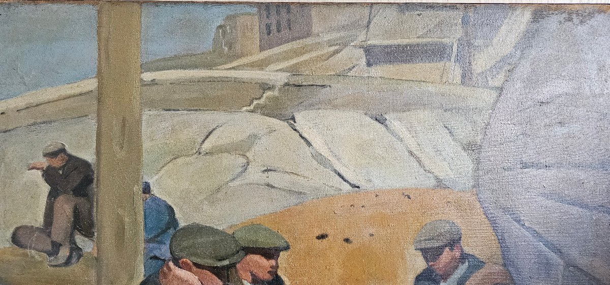 Etienne BOUCHAUD - Huile sur toile JOUEURS DE CARTES au bord de la mer - Alger, Marseille ?-photo-5