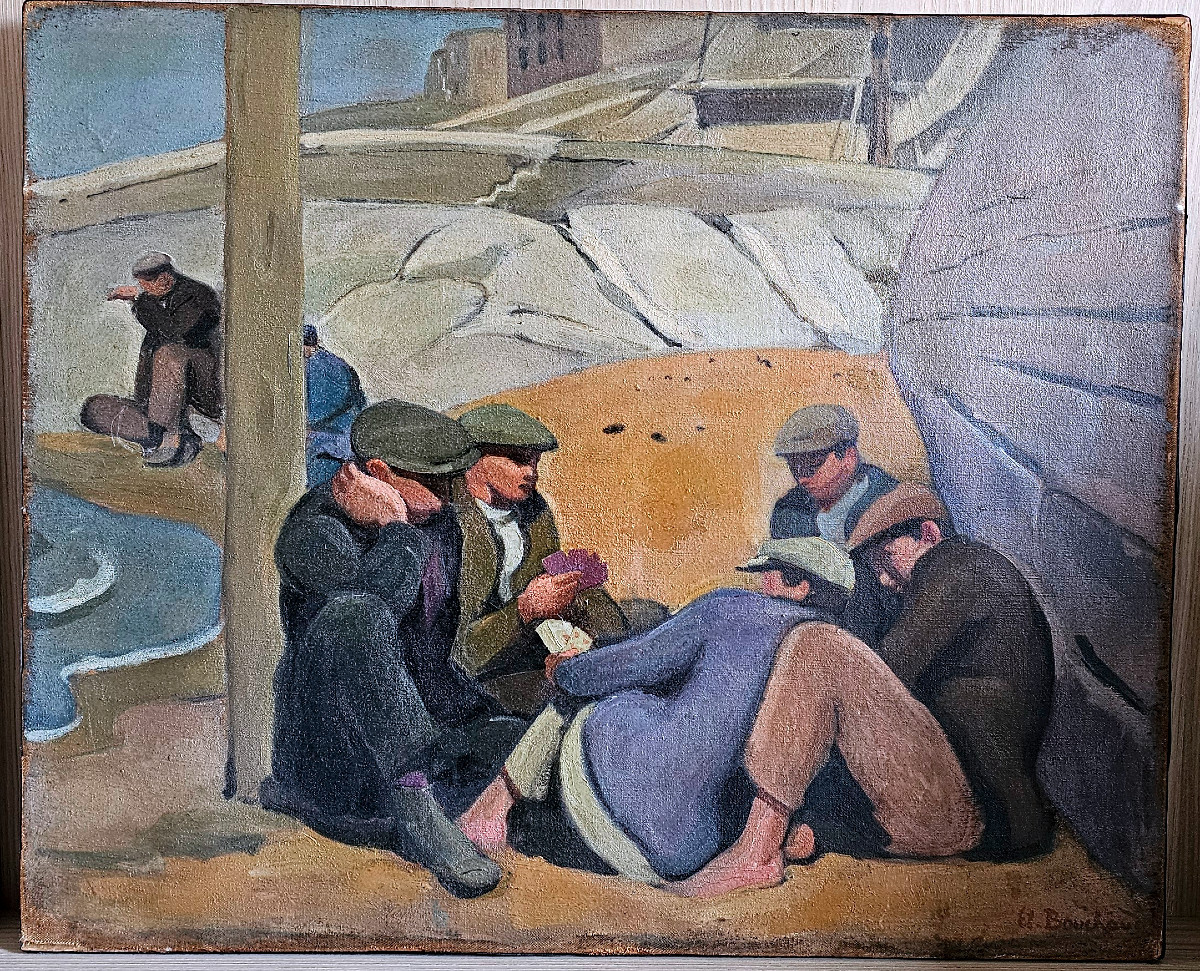 Etienne BOUCHAUD - Huile sur toile JOUEURS DE CARTES au bord de la mer - Alger, Marseille ?