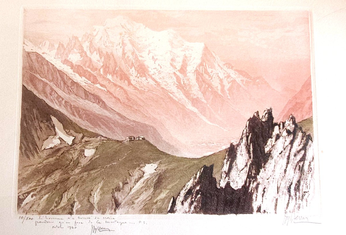Joanny DREVET (1889-1969) - gravure aquatinte  -Arêtes Chamonix Octobre 1940-photo-3