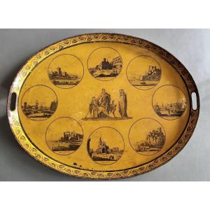Oval Tray In Yellow Lacquered Sheet Metal Restoration Period Views Of Lyon And Marseille