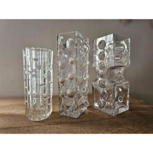 Set Lot 3 Bubble Glass Vases - Bubbles 60s-70s - Decoration By Accumulation