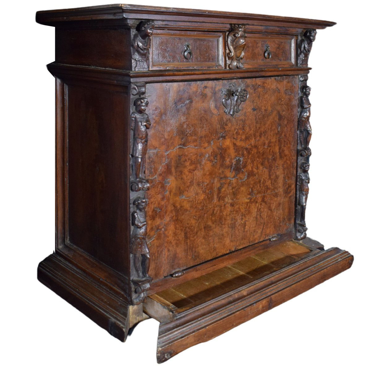 Rare Stipo Monétaire Toscan En Racine De Noyer Sculptée, Vers 1600-photo-4