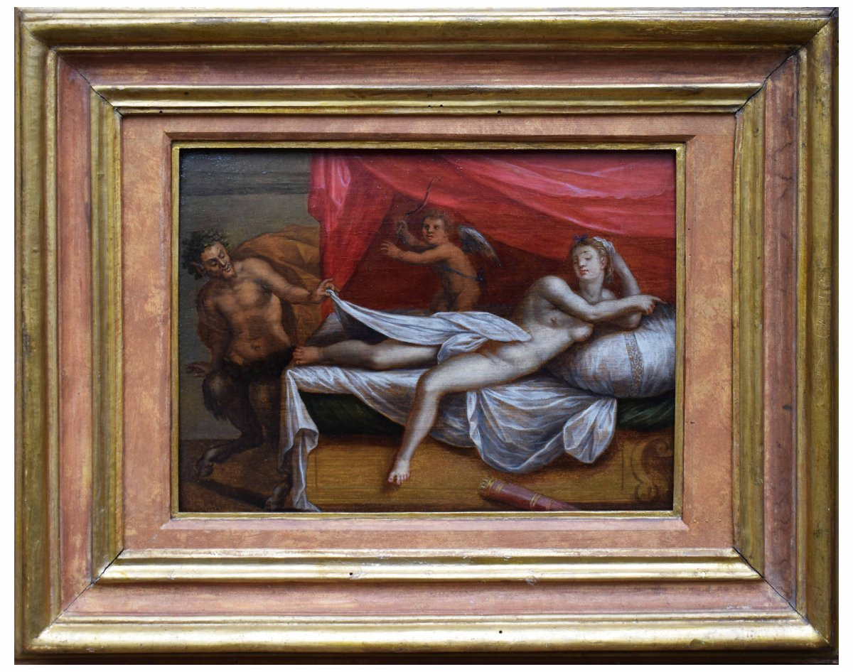 Peinture Flamande Du XVIIe Siècle Représentant Vénus Surprise Par Un Satyre Sur Panneau De Chên-photo-2
