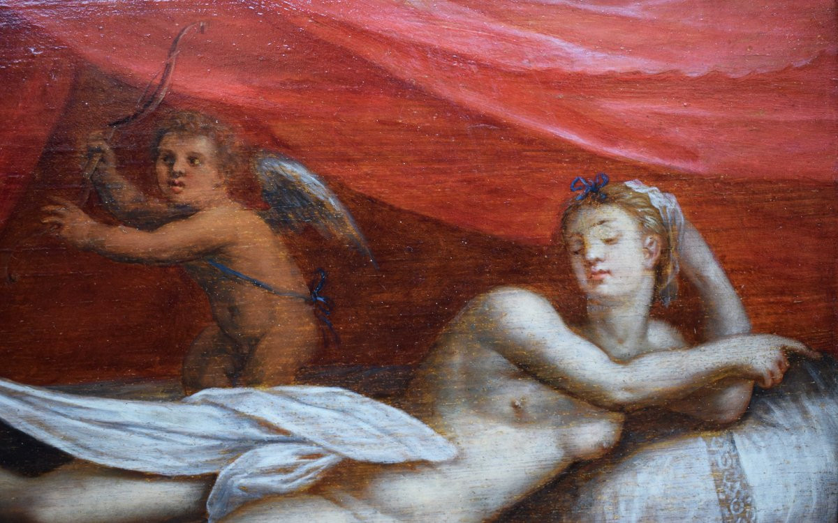 Peinture Flamande Du XVIIe Siècle Représentant Vénus Surprise Par Un Satyre Sur Panneau De Chên-photo-3