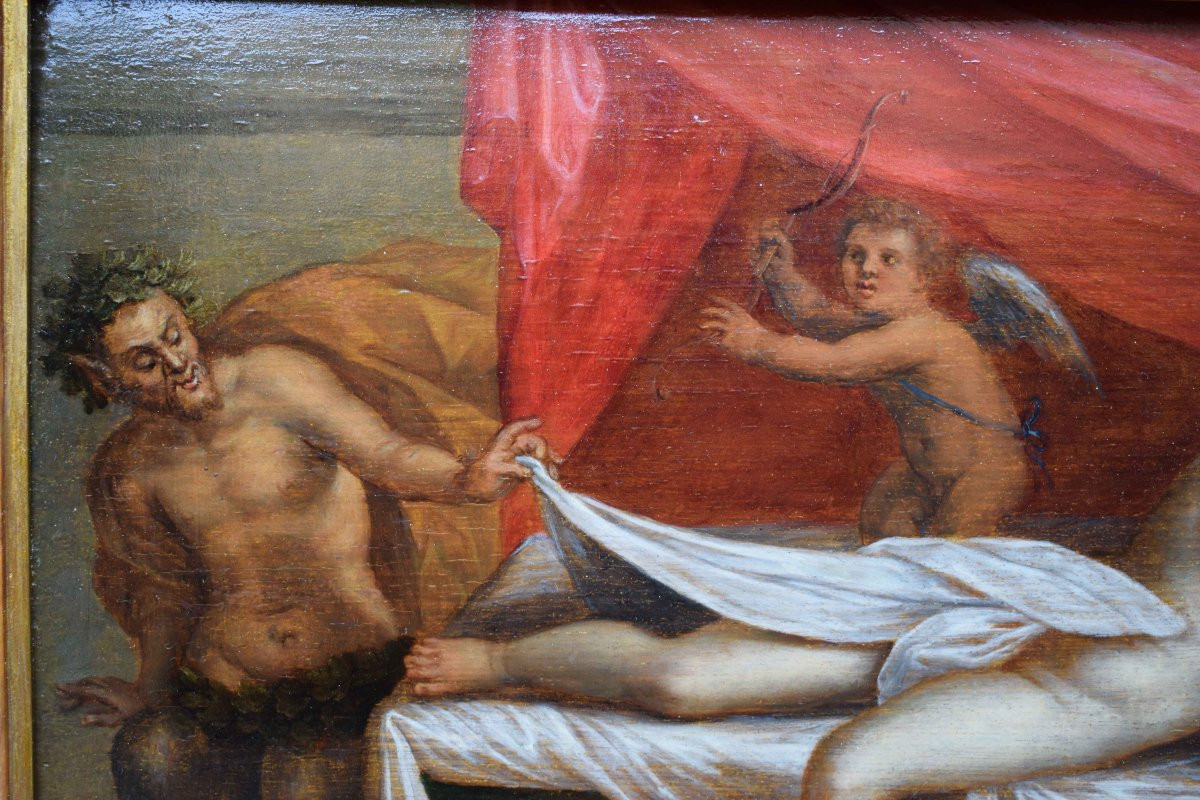 Peinture Flamande Du XVIIe Siècle Représentant Vénus Surprise Par Un Satyre Sur Panneau De Chên-photo-4