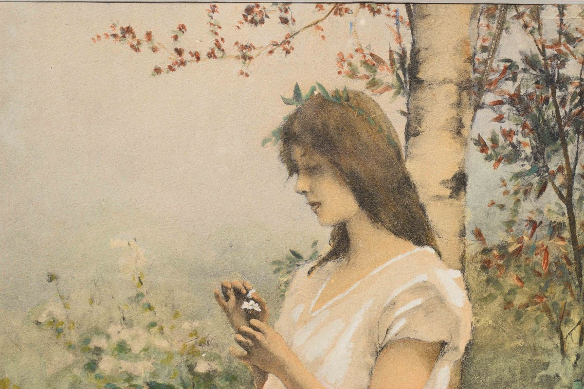 Watercolour By Auguste émile Pinchart With Young Woman In The Garden-photo-4
