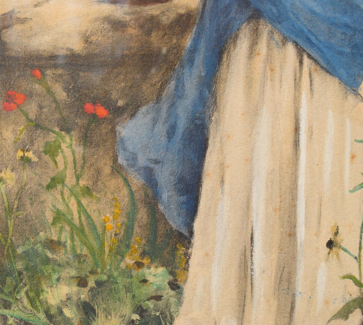 Watercolour By Auguste émile Pinchart With Young Woman In The Garden-photo-2