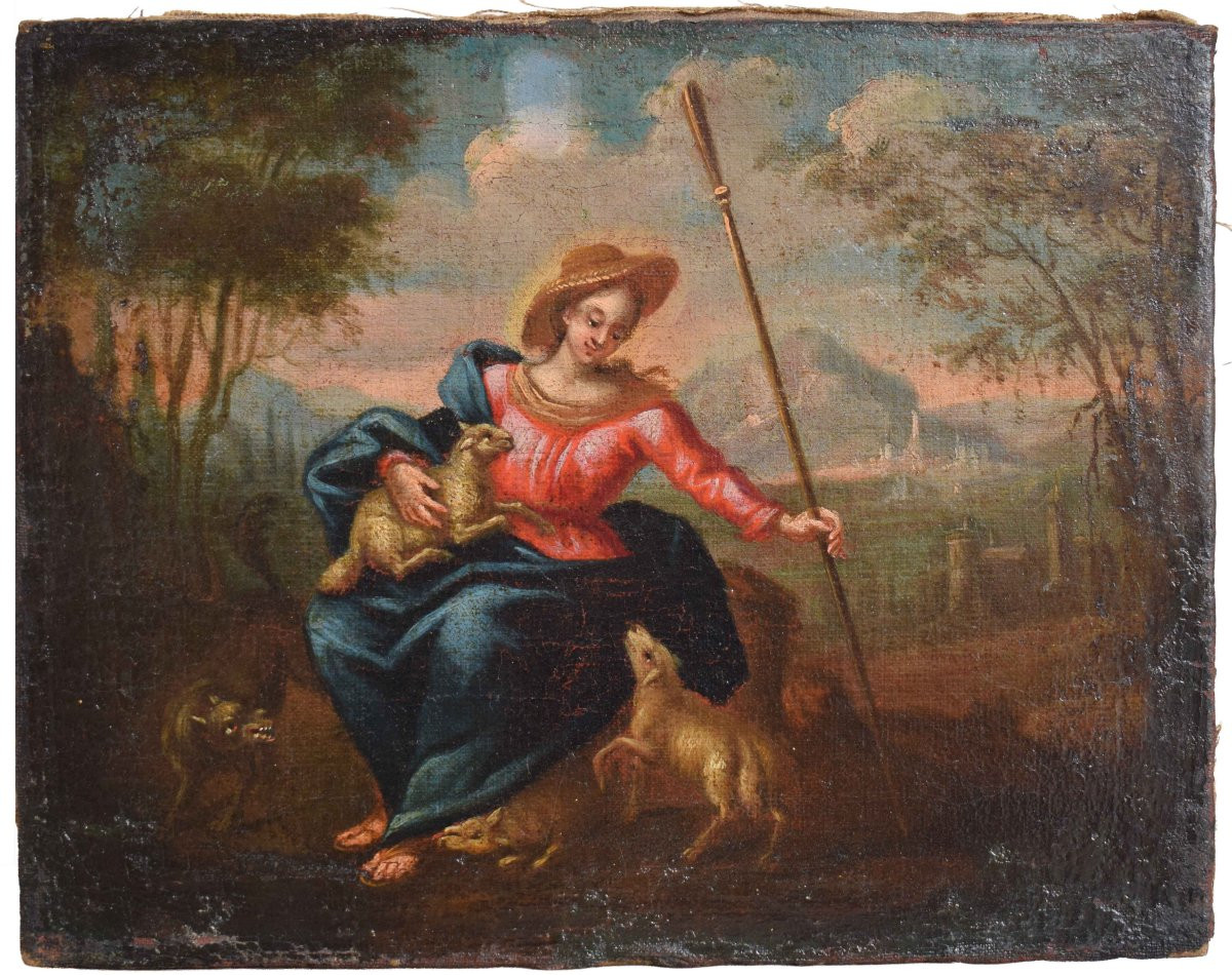Paire de peintures du XVIIIe siècle : Vierge bergère et Bon Pasteur, XVIIIe siècle-photo-2
