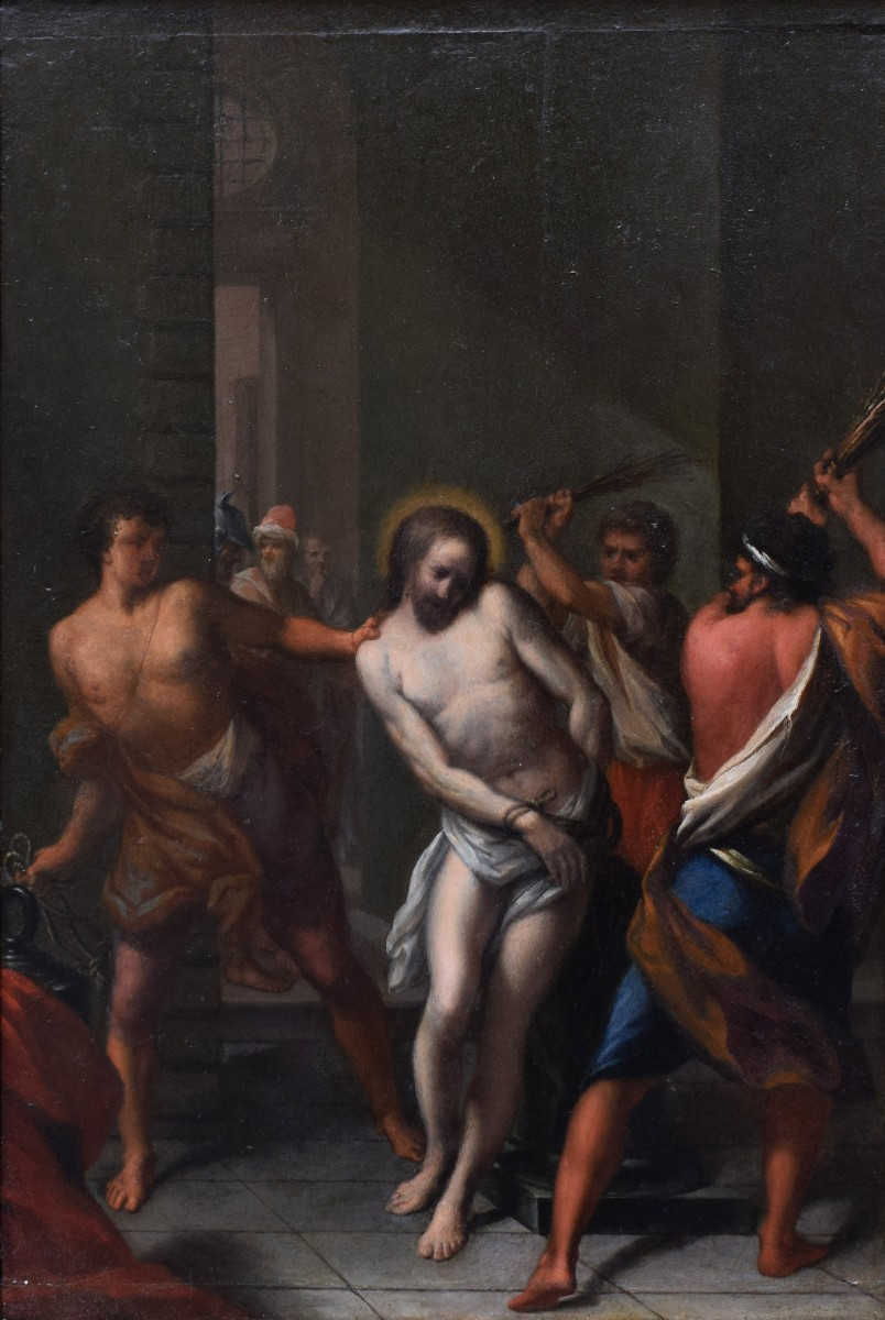 Painted On Wood, Late 16th Century Christ At The Column Venetian School-photo-2