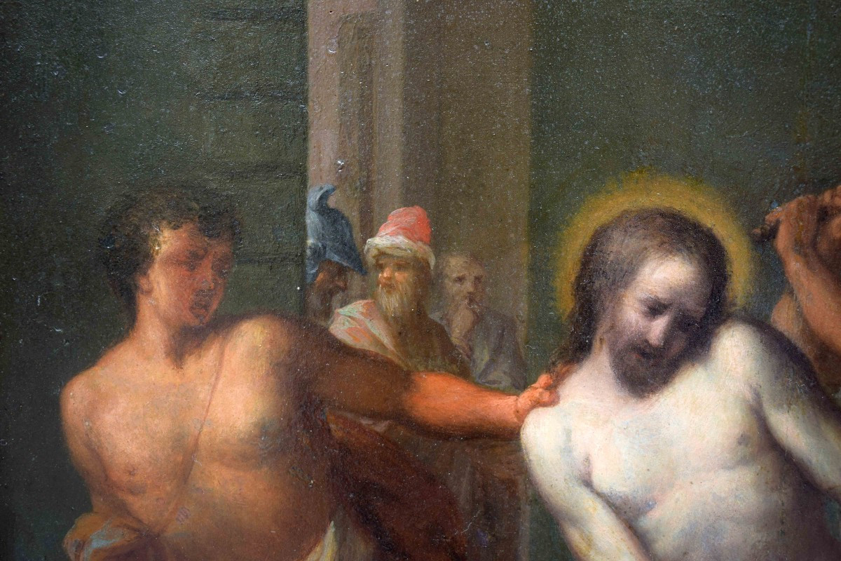 Painted On Wood, Late 16th Century Christ At The Column Venetian School-photo-3