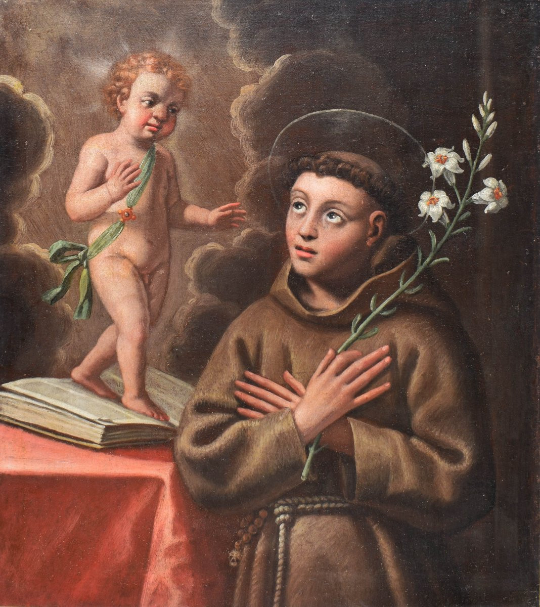 Peinture religieuse ancienne représentant saint Antoine de Padoue, XVIIe siècle, Émilie-photo-2