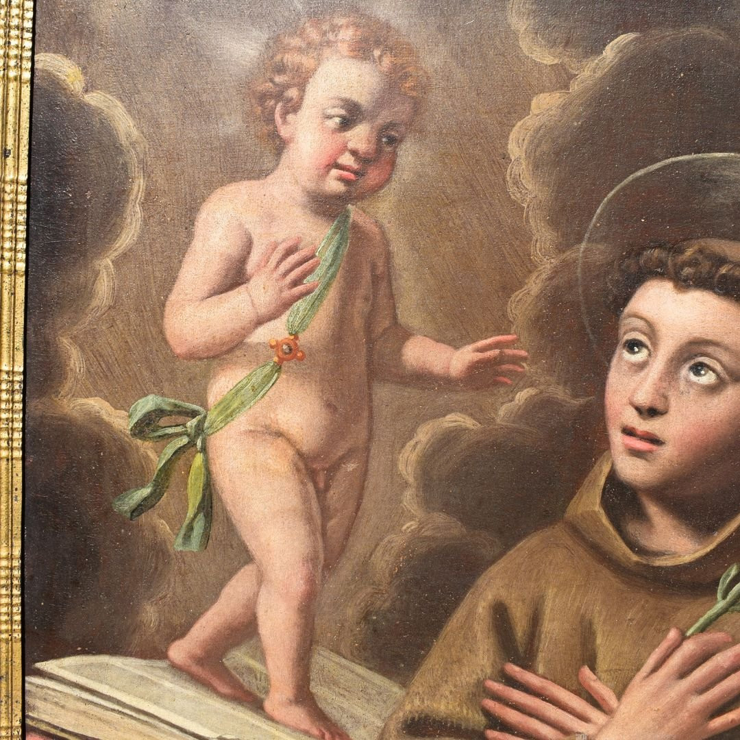 Peinture religieuse ancienne représentant saint Antoine de Padoue, XVIIe siècle, Émilie-photo-3