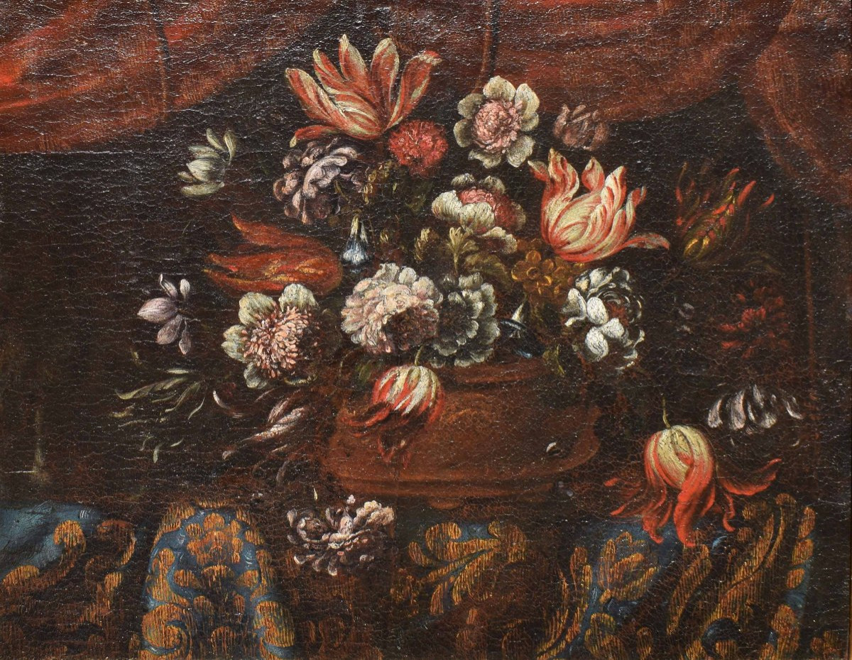 Peinture lombarde, nature morte florale du XVIIe siècle, représentant une corbeille de fleurs-photo-2
