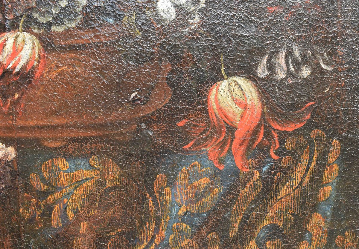 Peinture lombarde, nature morte florale du XVIIe siècle, représentant une corbeille de fleurs-photo-3