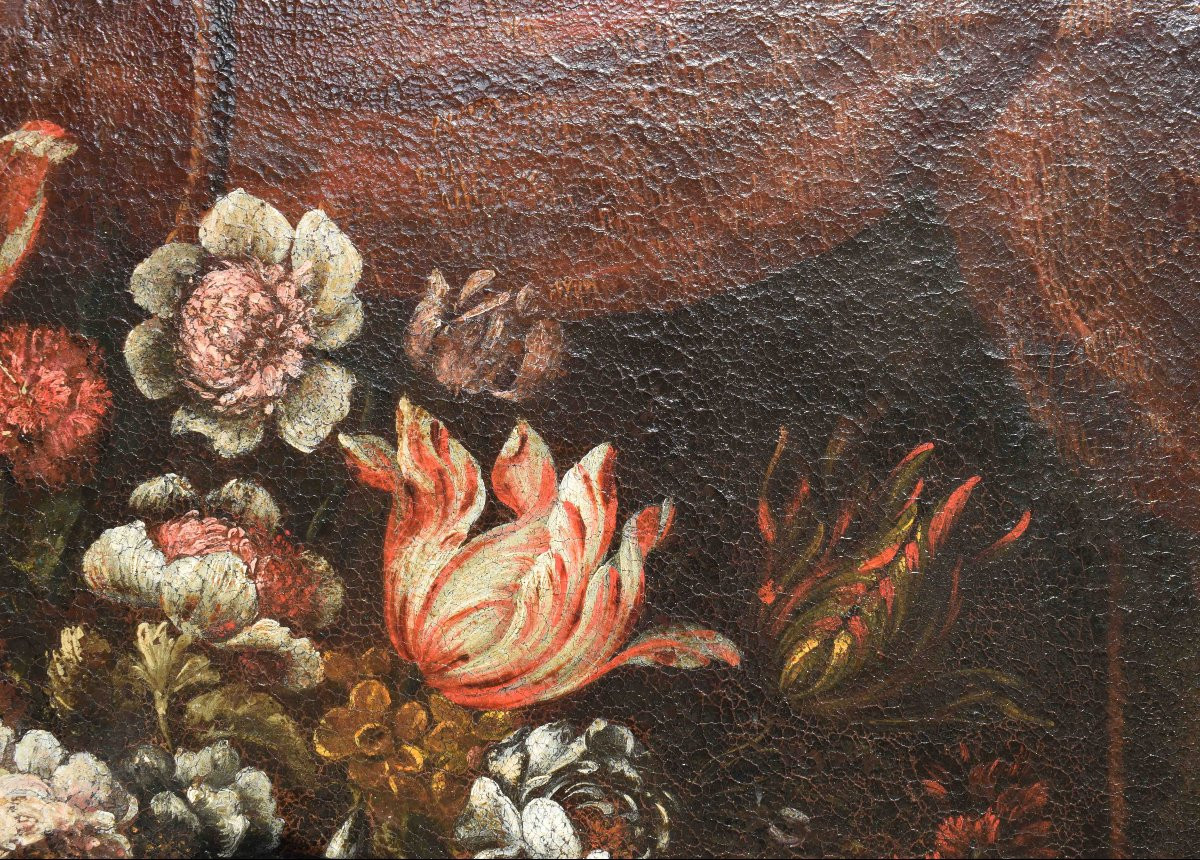 Peinture lombarde, nature morte florale du XVIIe siècle, représentant une corbeille de fleurs-photo-1