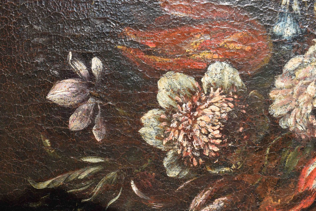 Peinture lombarde, nature morte florale du XVIIe siècle, représentant une corbeille de fleurs-photo-2