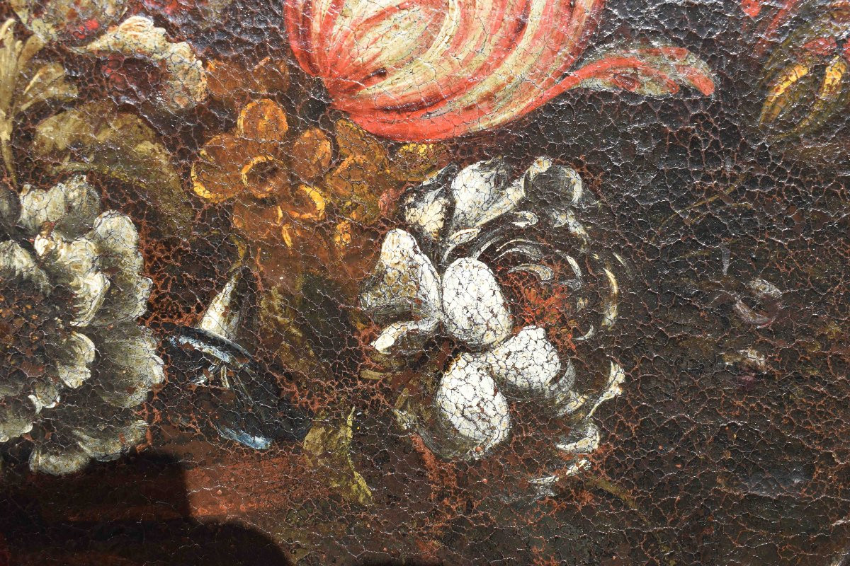 Peinture lombarde, nature morte florale du XVIIe siècle, représentant une corbeille de fleurs-photo-6