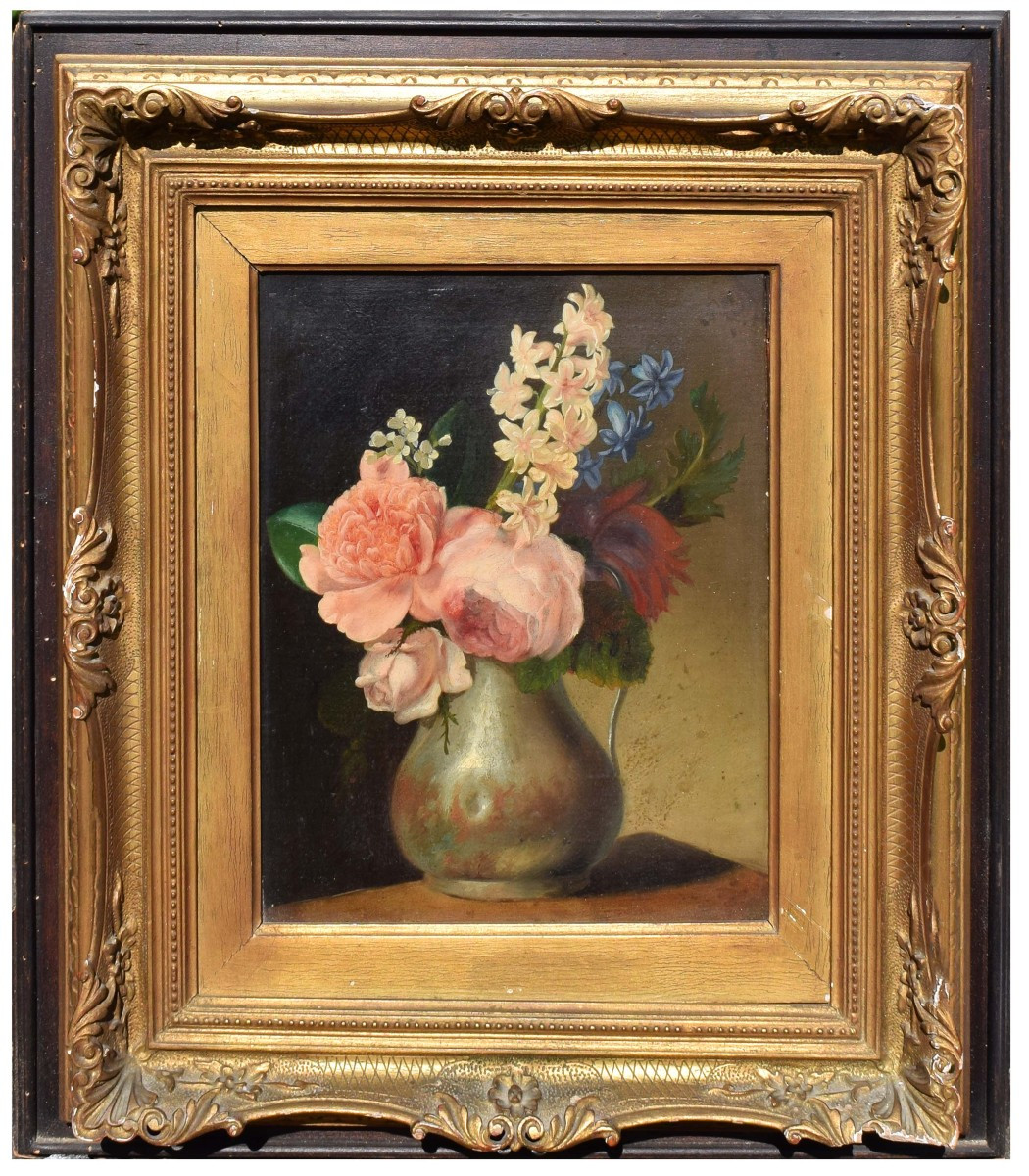 19th-century French Painting: Still Life With A Bouquet Of Flowers, On Canvas