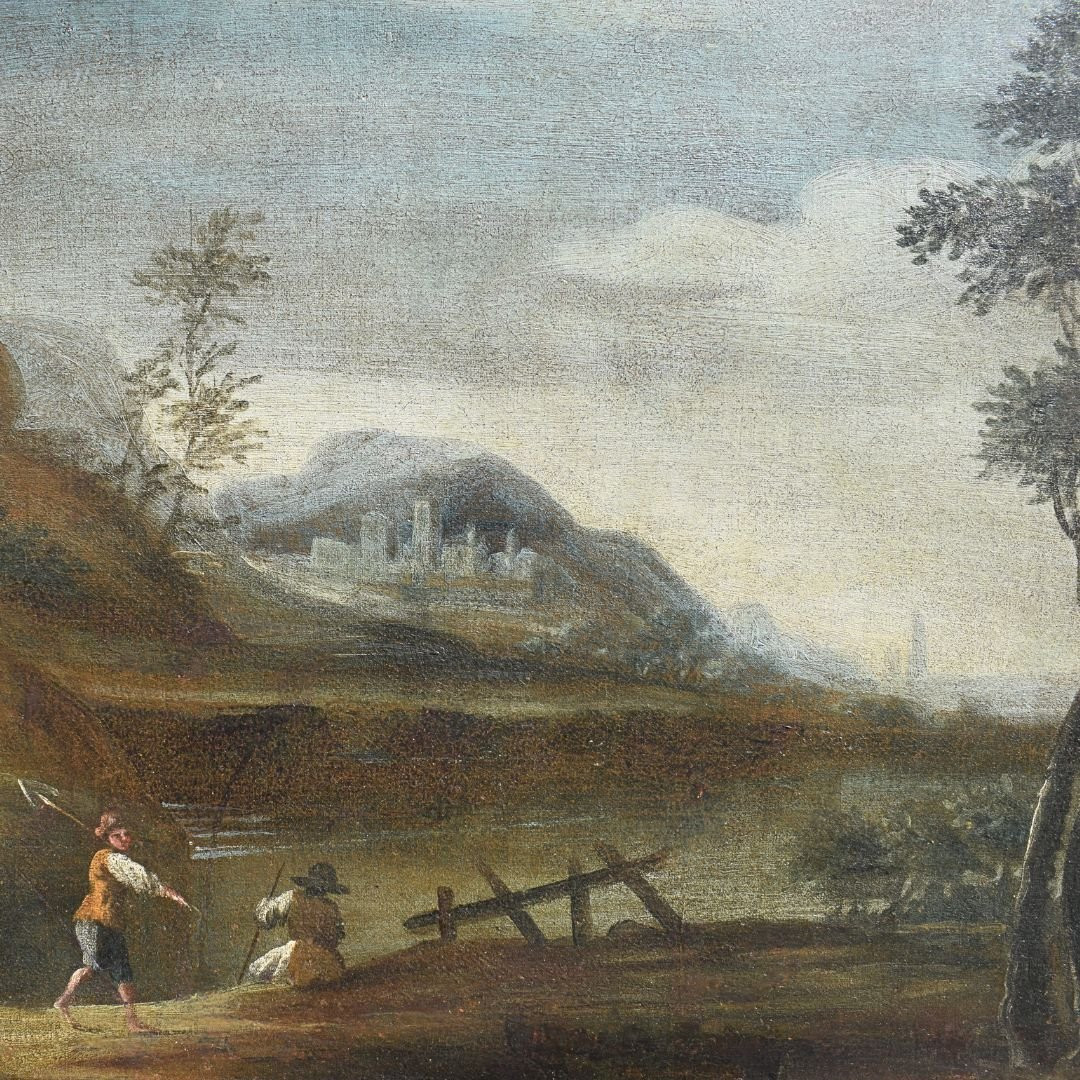 Antique Venetian Landscape Painting With Figures, Oil On Canvas, 18th Century, Venetian School-photo-2