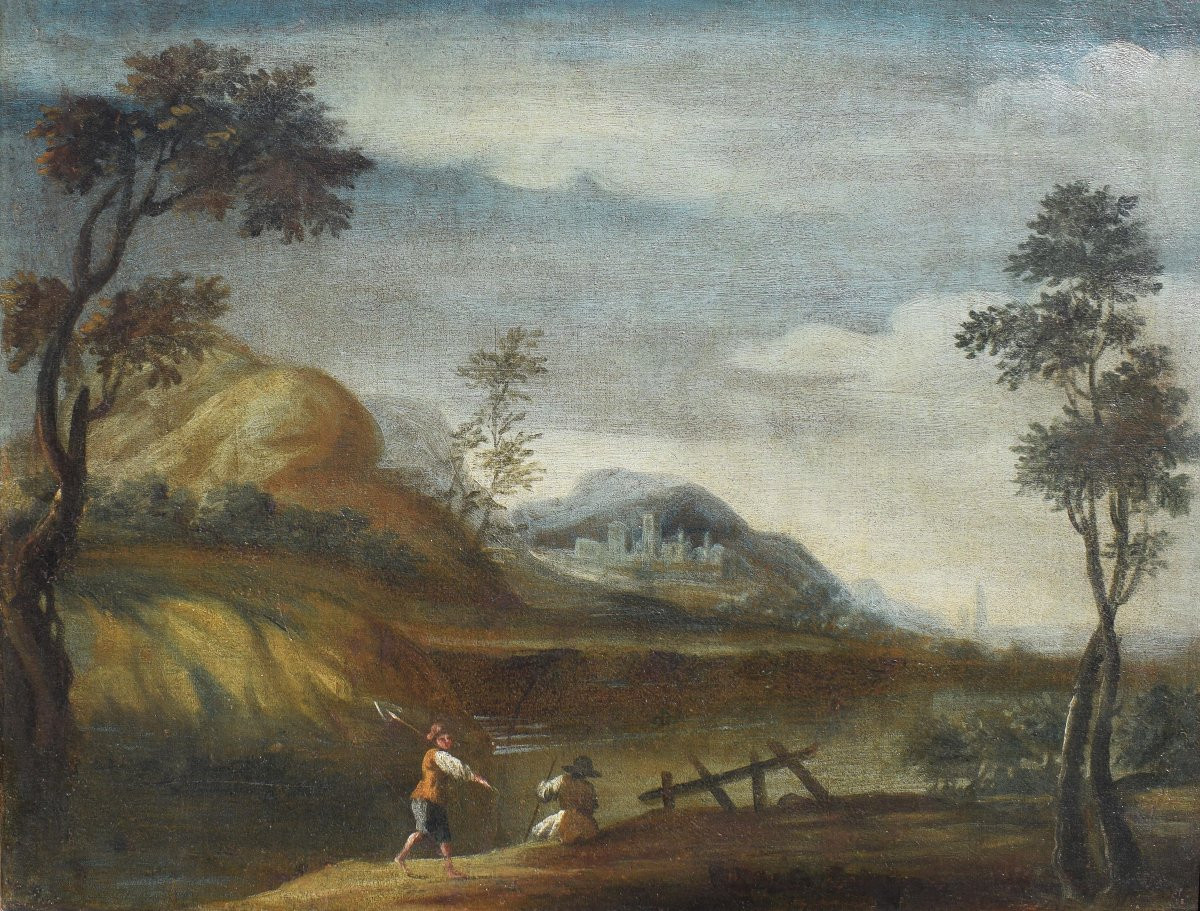 Antique Venetian Landscape Painting With Figures, Oil On Canvas, 18th Century, Venetian School-photo-4