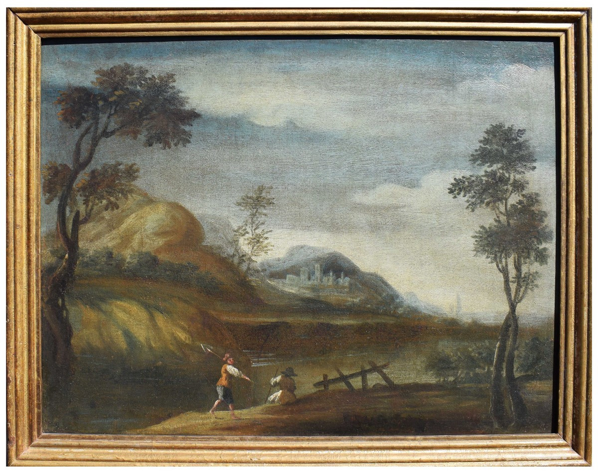 Antique Venetian Landscape Painting With Figures, Oil On Canvas, 18th Century, Venetian School