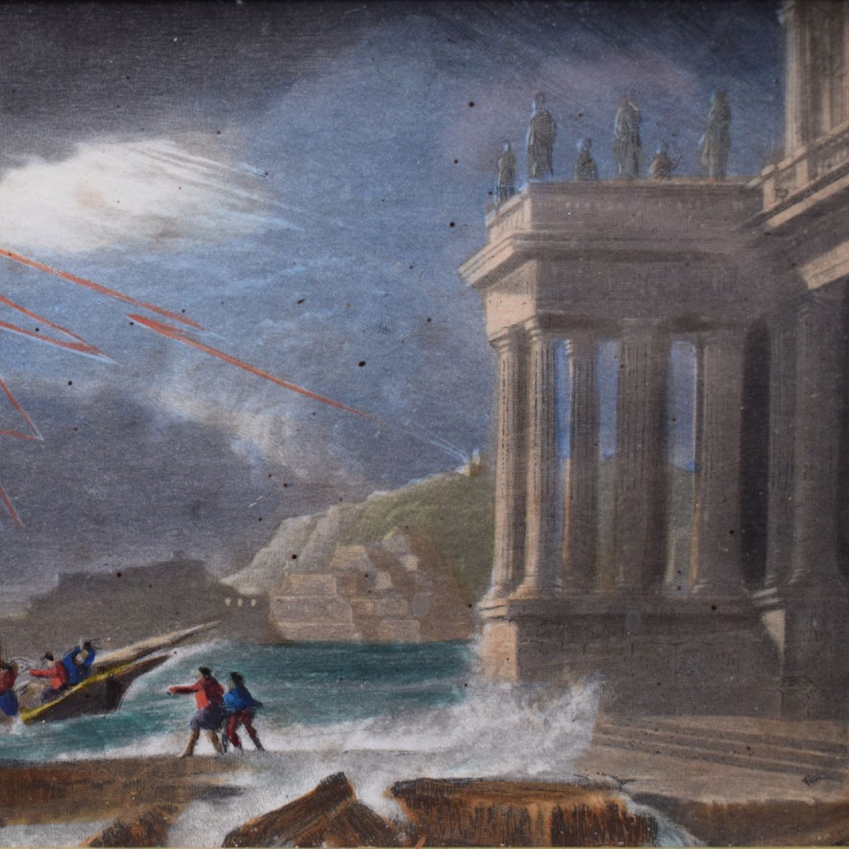 Caprice architectural avec tempête maritime, gouache de la fin du XVIIIe siècle-photo-2