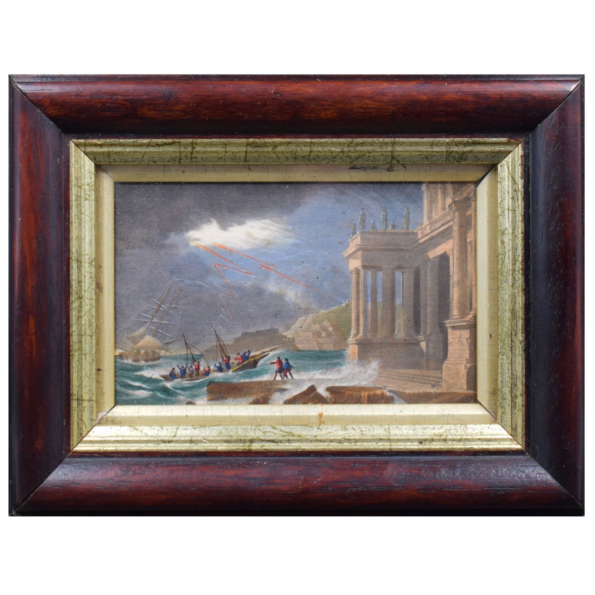 Caprice architectural avec tempête maritime, gouache de la fin du XVIIIe siècle