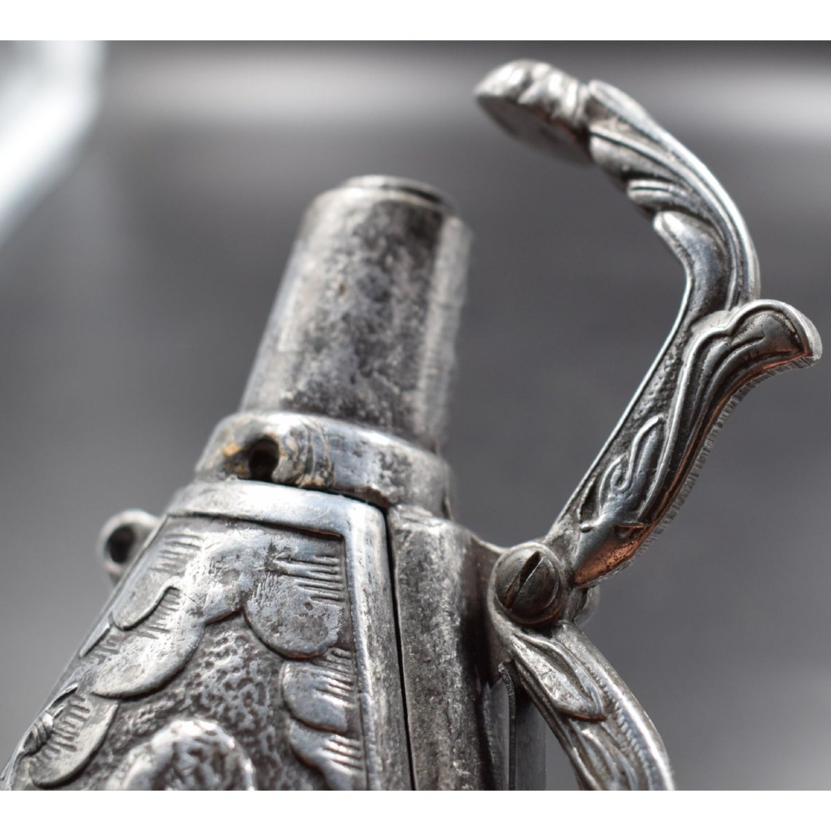 A Flask For Gunpowder Made Of Stamped And Chiseled Iron, Decorated With Mythological Figures-photo-3
