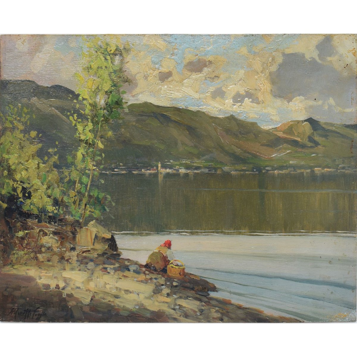 Lakeside View By Mario Moretti Foggia (20th Century) On Wood Panel-photo-2