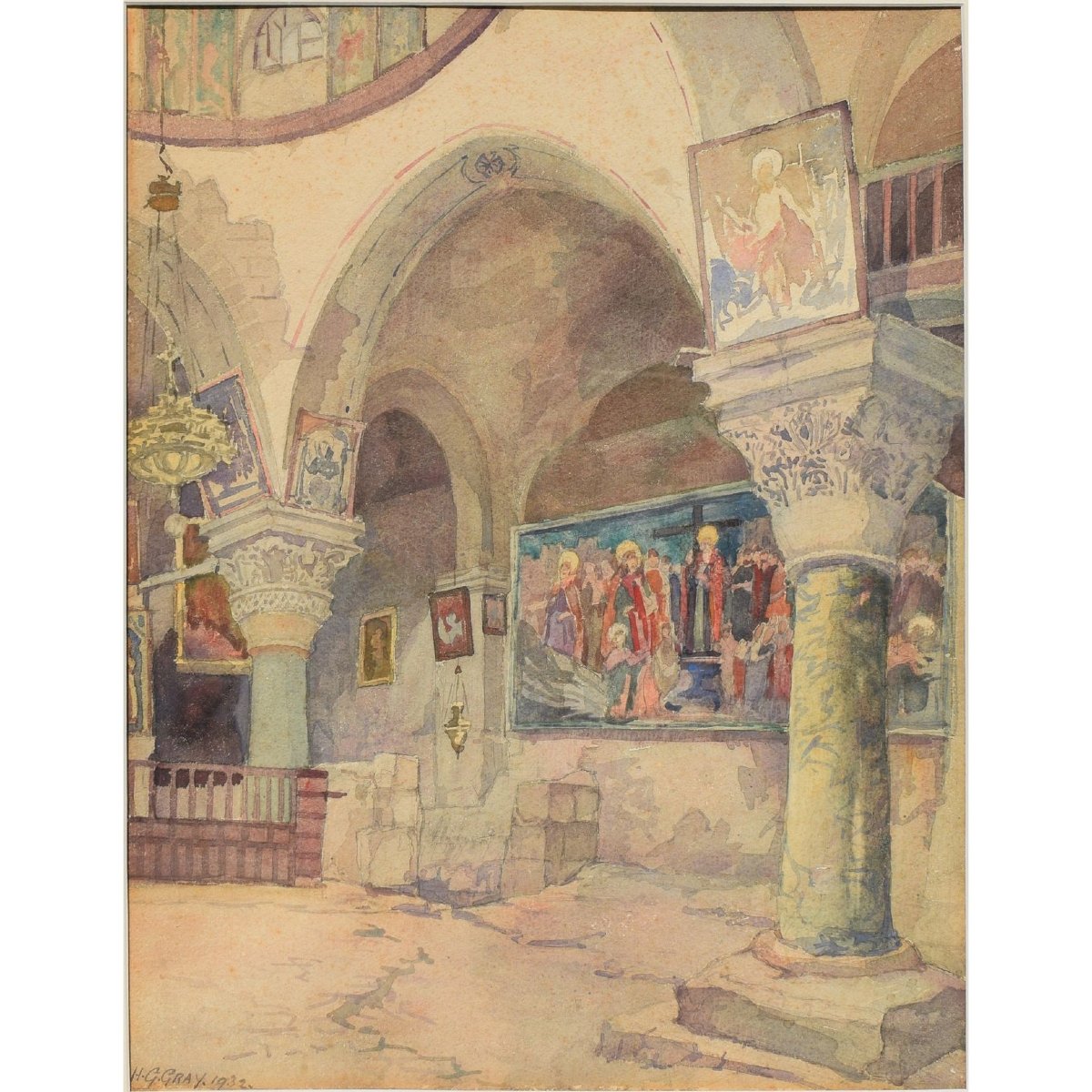 Aquarelle orientaliste Intérieur de la chapelle Sainte-Hélène, basilique du Saint-Sépulcre 1932-photo-2