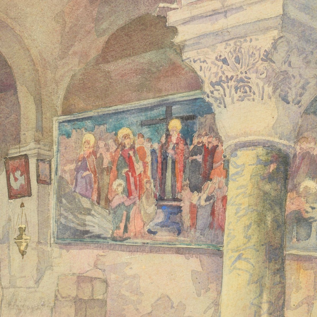 Aquarelle orientaliste Intérieur de la chapelle Sainte-Hélène, basilique du Saint-Sépulcre 1932-photo-3