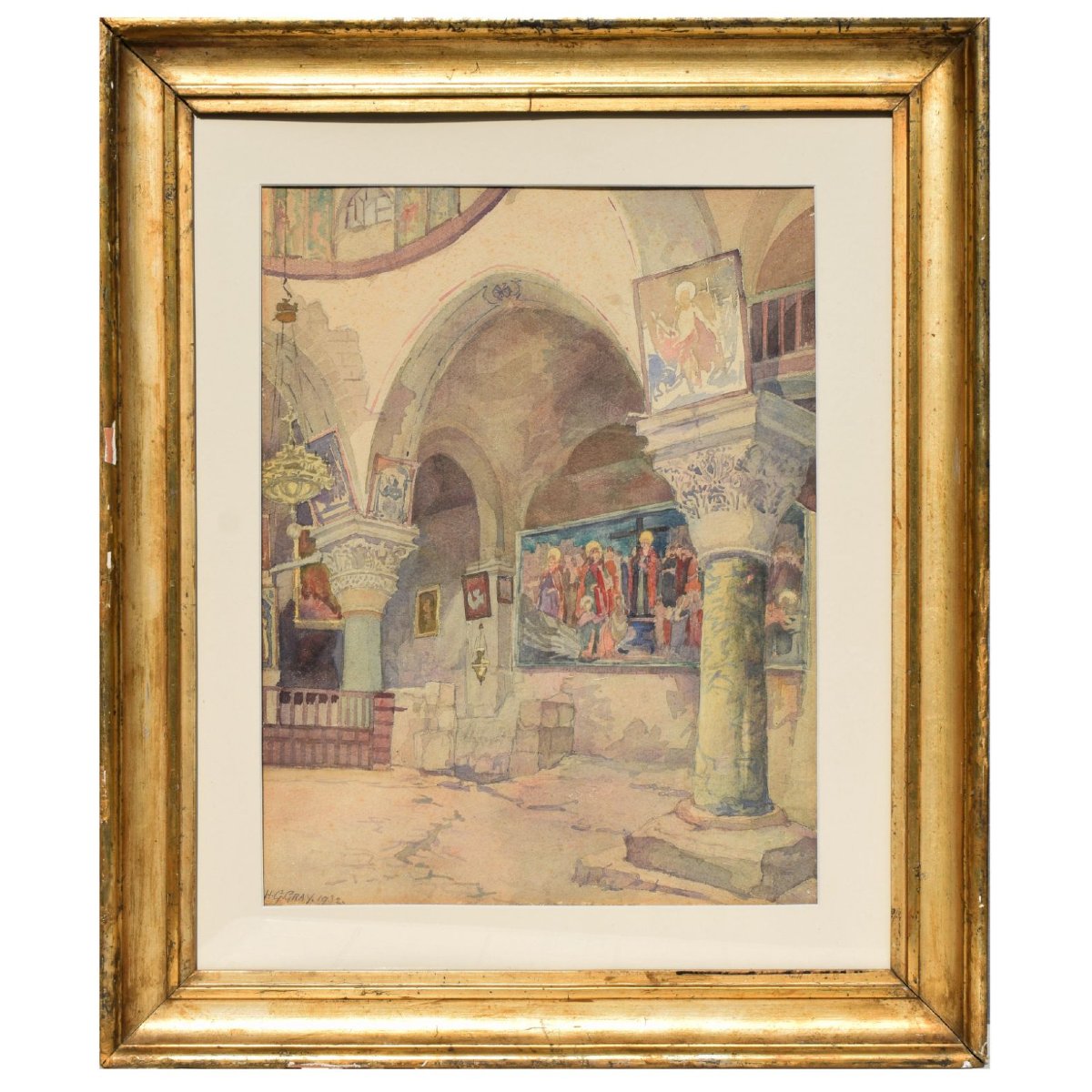 Aquarelle orientaliste Intérieur de la chapelle Sainte-Hélène, basilique du Saint-Sépulcre 1932