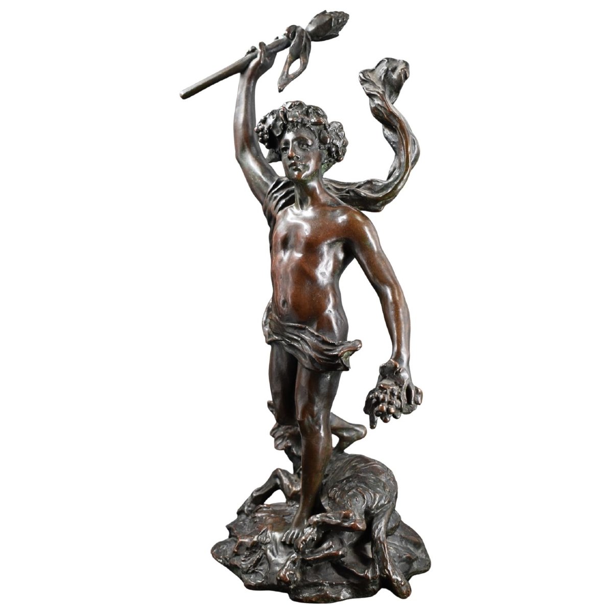 Bacchus With A Panther, Grapes, And A Thyrsus – Italian Bronze, 19th Century-photo-2