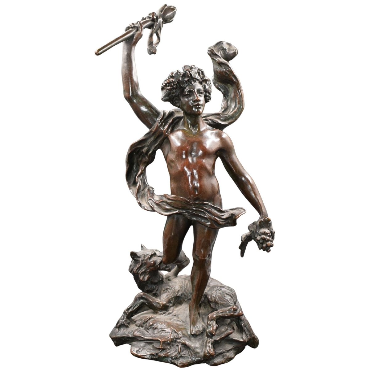 Bacchus With A Panther, Grapes, And A Thyrsus – Italian Bronze, 19th Century