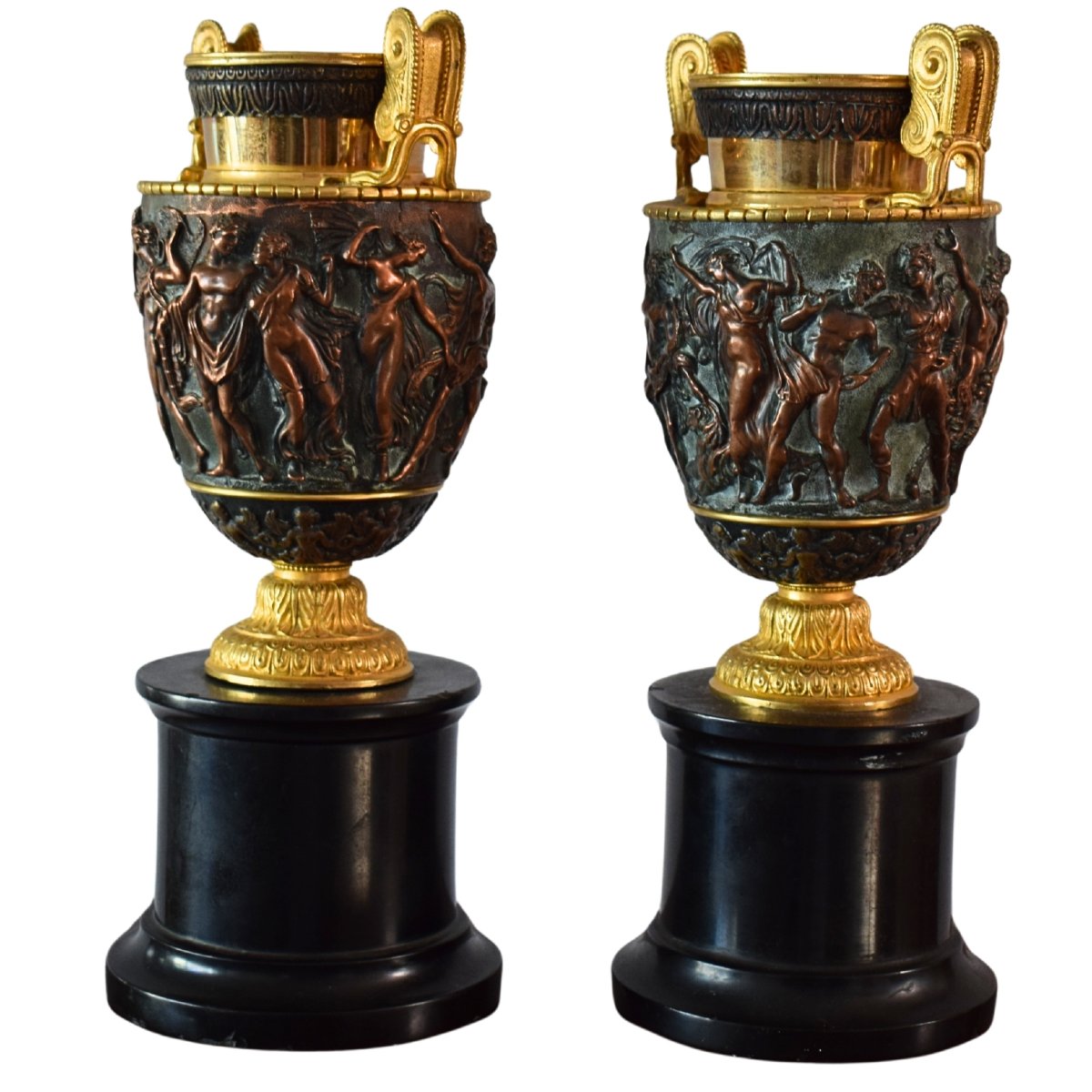Pair Of Gilded And Patinated Bronze And Copper Cups Depicting Mythological Scenes, 19th-century France-photo-2