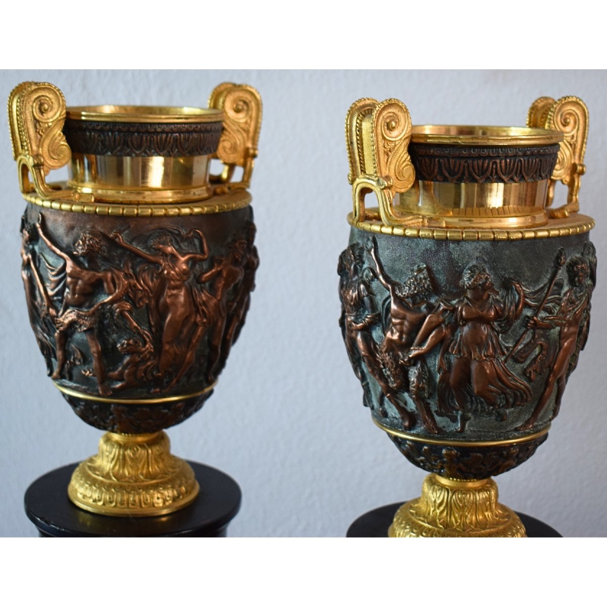 Pair Of Gilded And Patinated Bronze And Copper Cups Depicting Mythological Scenes, 19th-century France-photo-4
