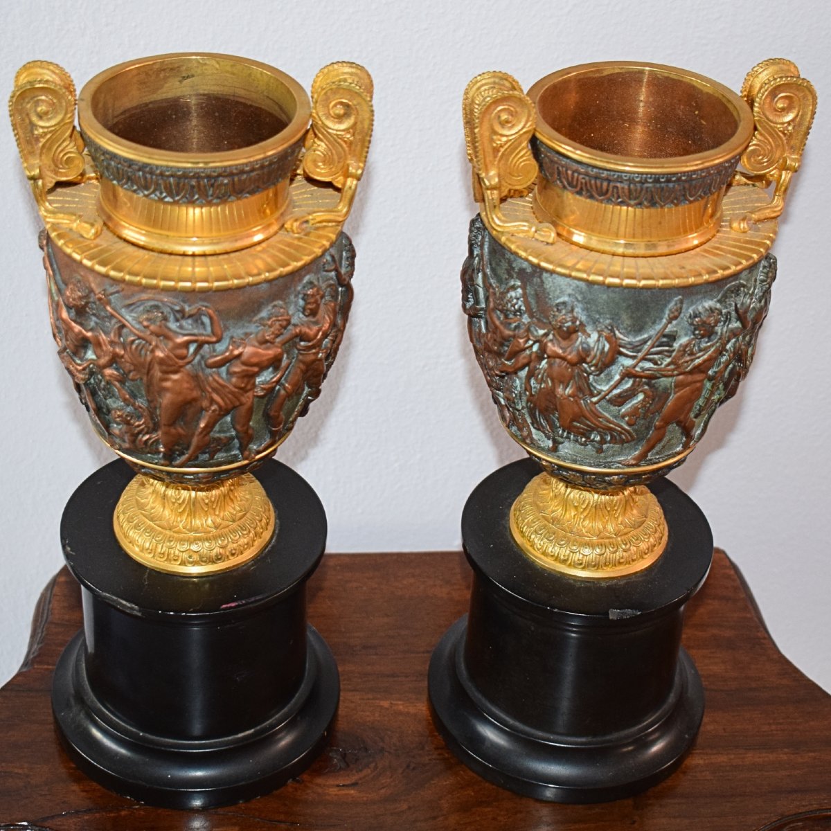 Pair Of Gilded And Patinated Bronze And Copper Cups Depicting Mythological Scenes, 19th-century France-photo-1