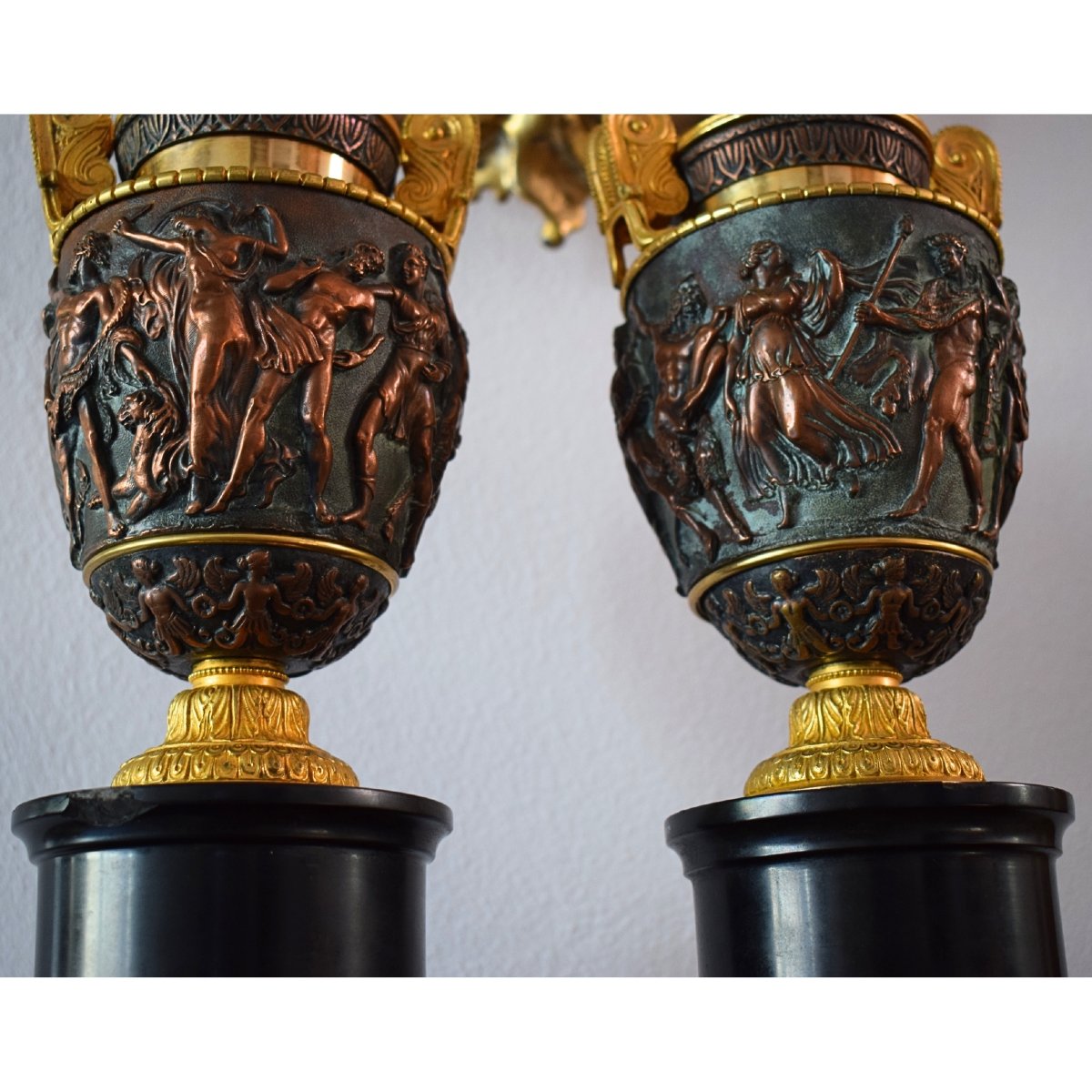 Pair Of Gilded And Patinated Bronze And Copper Cups Depicting Mythological Scenes, 19th-century France-photo-2