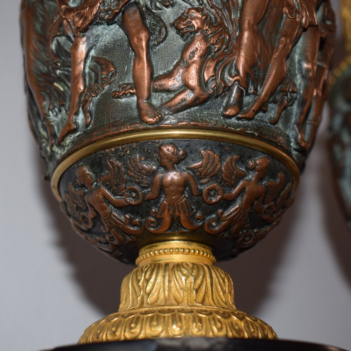 Pair Of Gilded And Patinated Bronze And Copper Cups Depicting Mythological Scenes, 19th-century France-photo-3