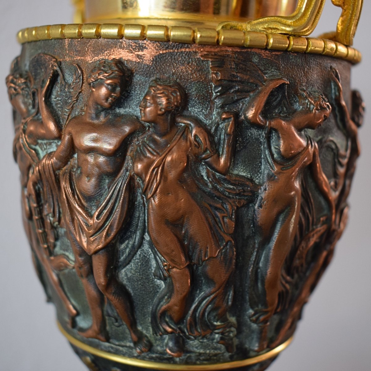 Pair Of Gilded And Patinated Bronze And Copper Cups Depicting Mythological Scenes, 19th-century France-photo-7