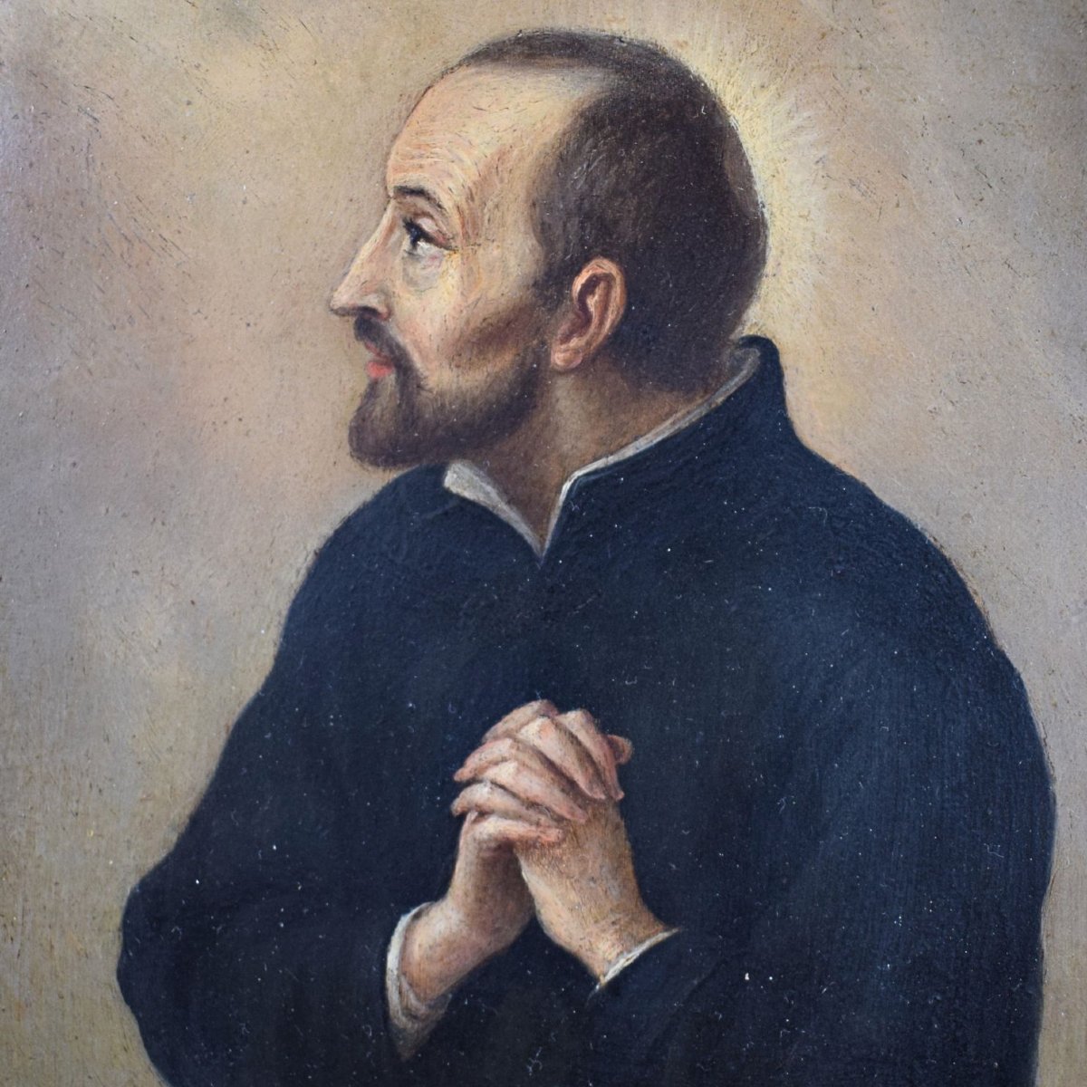 Saint Ignace de Loyola, huile sur cuivre, XVIIe siècle – Cadre vénitien du XVIe siècle-photo-1