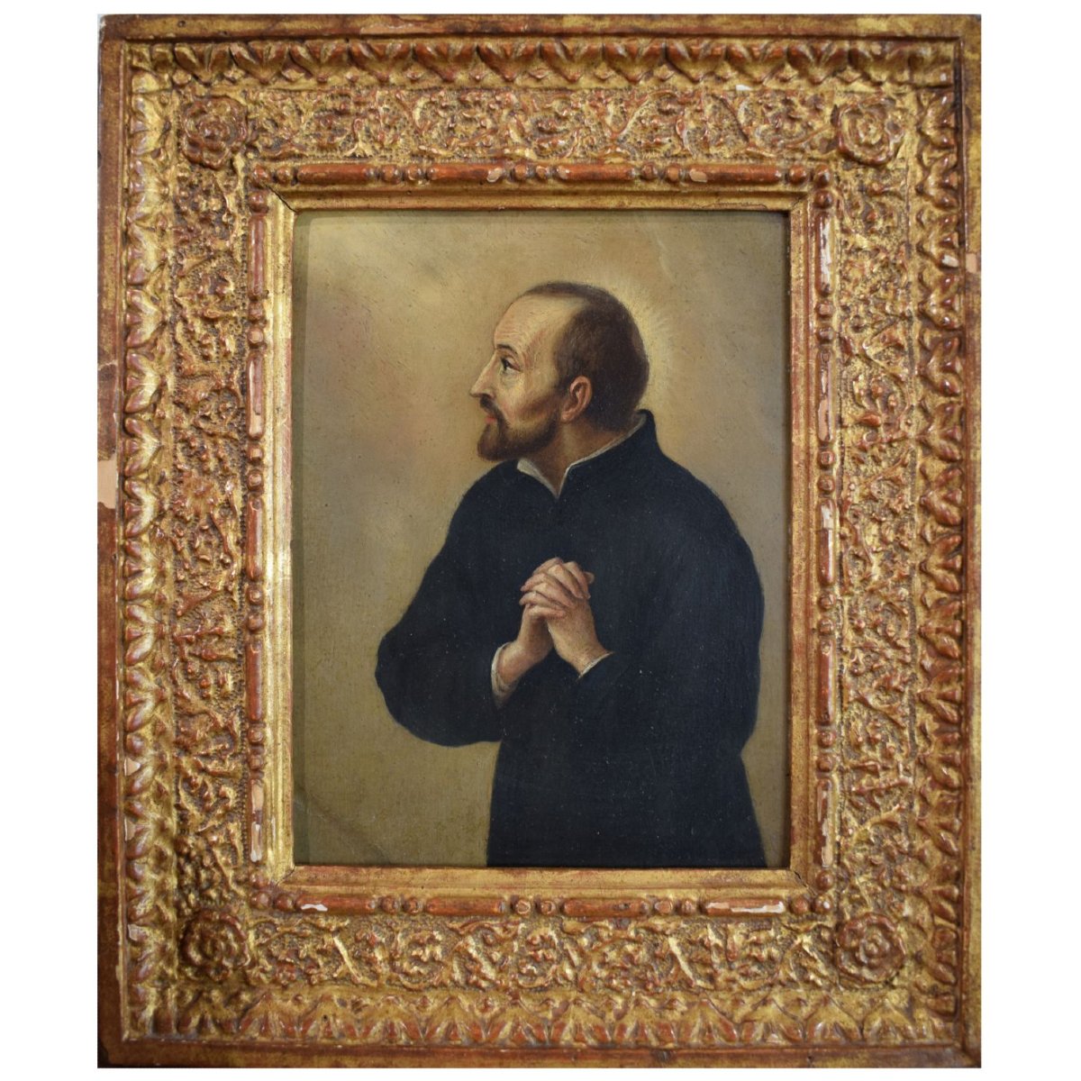 Saint Ignace de Loyola, huile sur cuivre, XVIIe siècle – Cadre vénitien du XVIe siècle