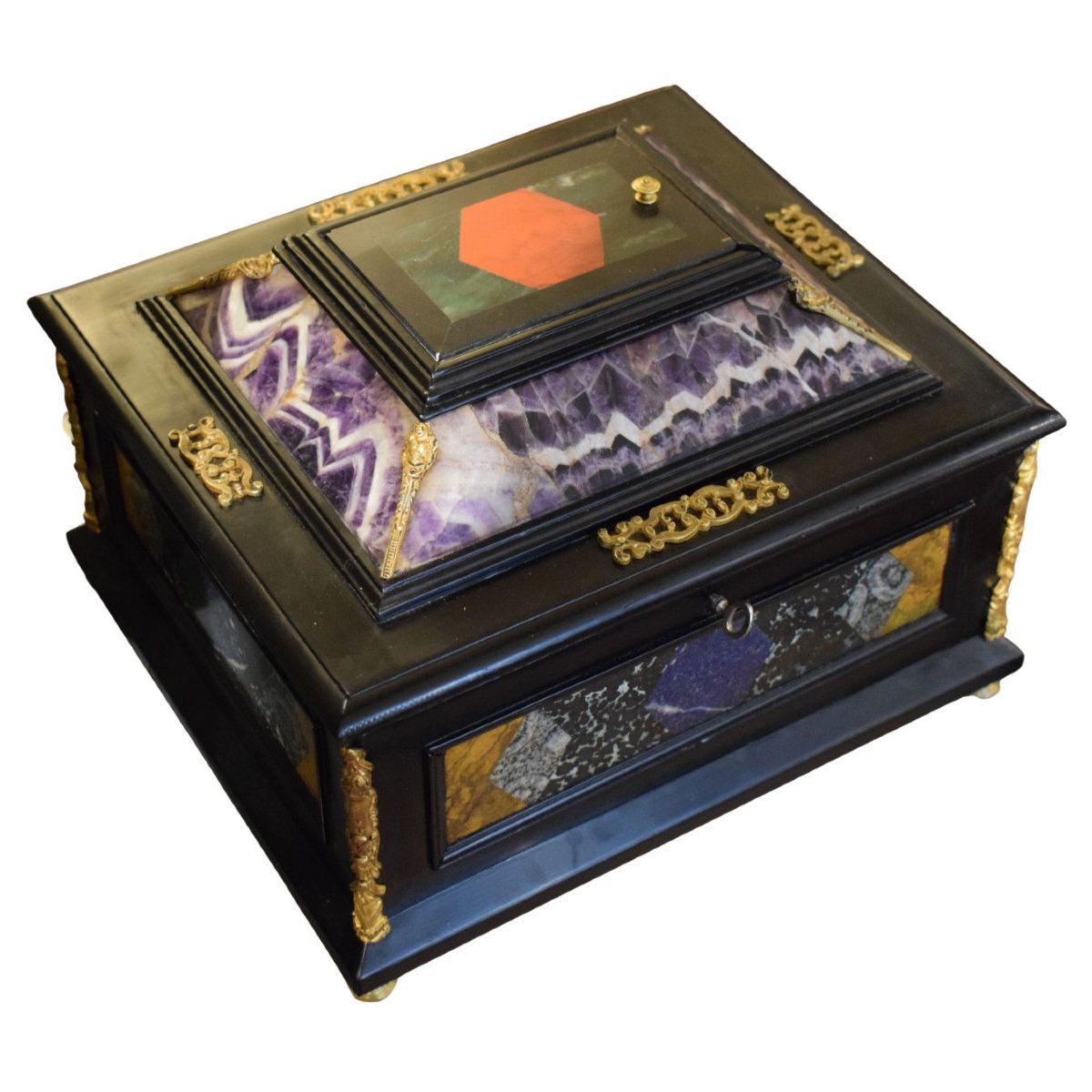 19th-century Cabinet Made Of Ebonized Wood, Polychrome Semi-precious Stones, And Gilded Bronze-photo-3