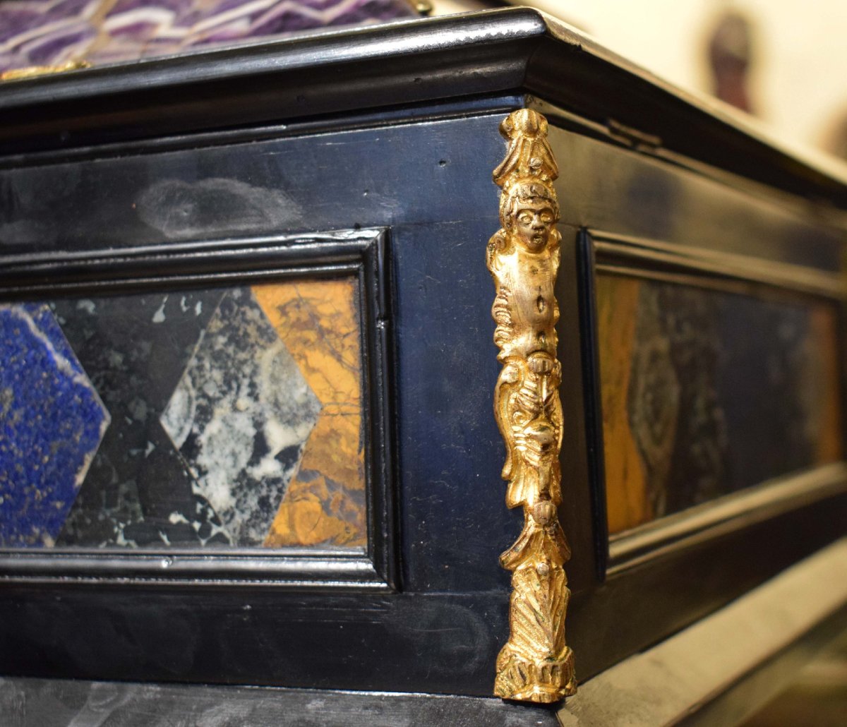 19th-century Cabinet Made Of Ebonized Wood, Polychrome Semi-precious Stones, And Gilded Bronze-photo-3