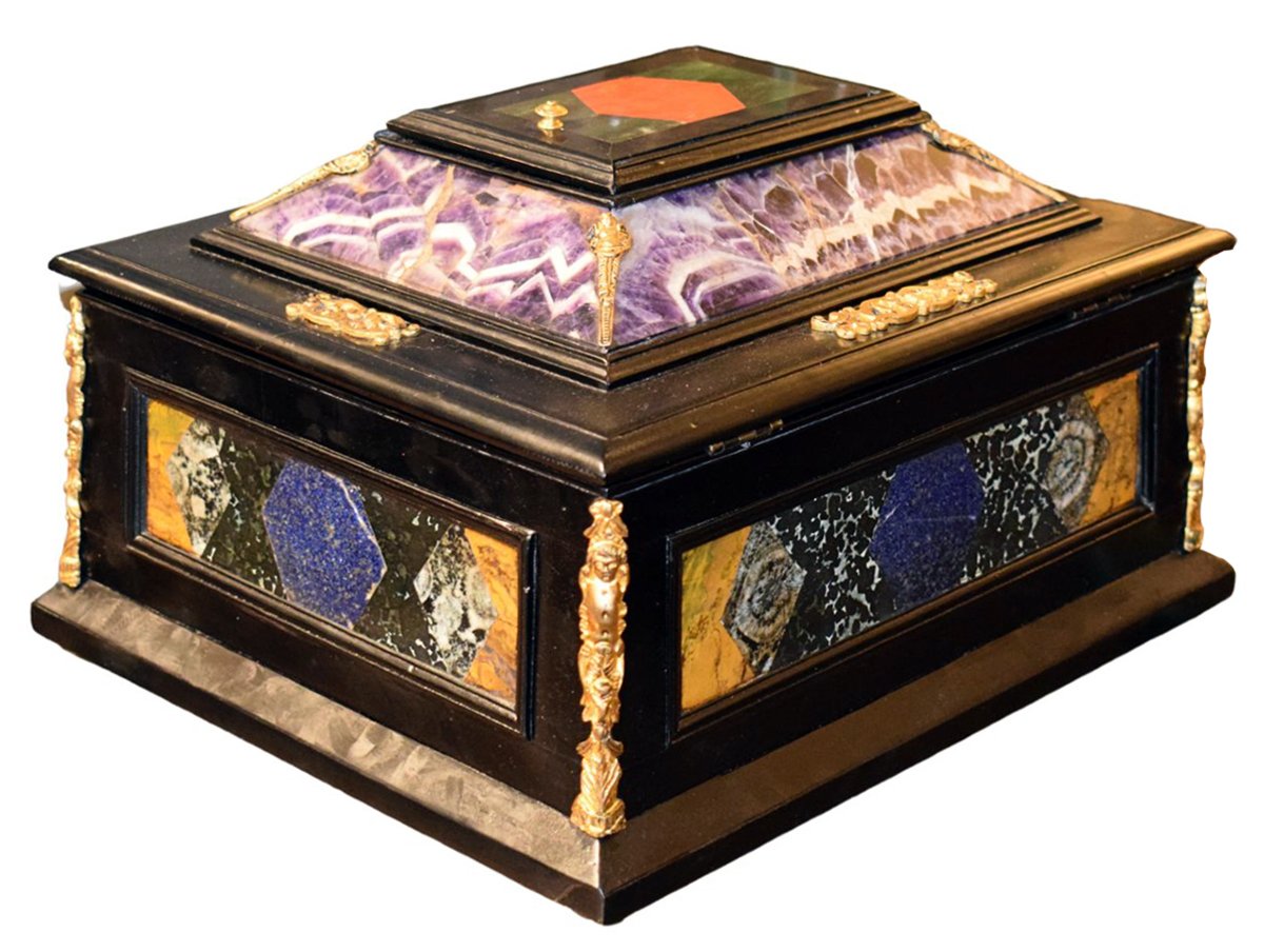 19th-century Cabinet Made Of Ebonized Wood, Polychrome Semi-precious Stones, And Gilded Bronze