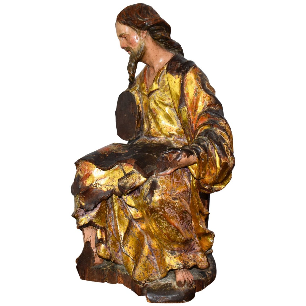 Polychrome And Gilded Wooden Sculpture Depicting Saint Luke The Evangelist, 16th Century-photo-1