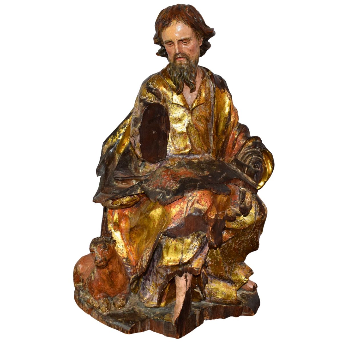 Polychrome And Gilded Wooden Sculpture Depicting Saint Luke The Evangelist, 16th Century-photo-2