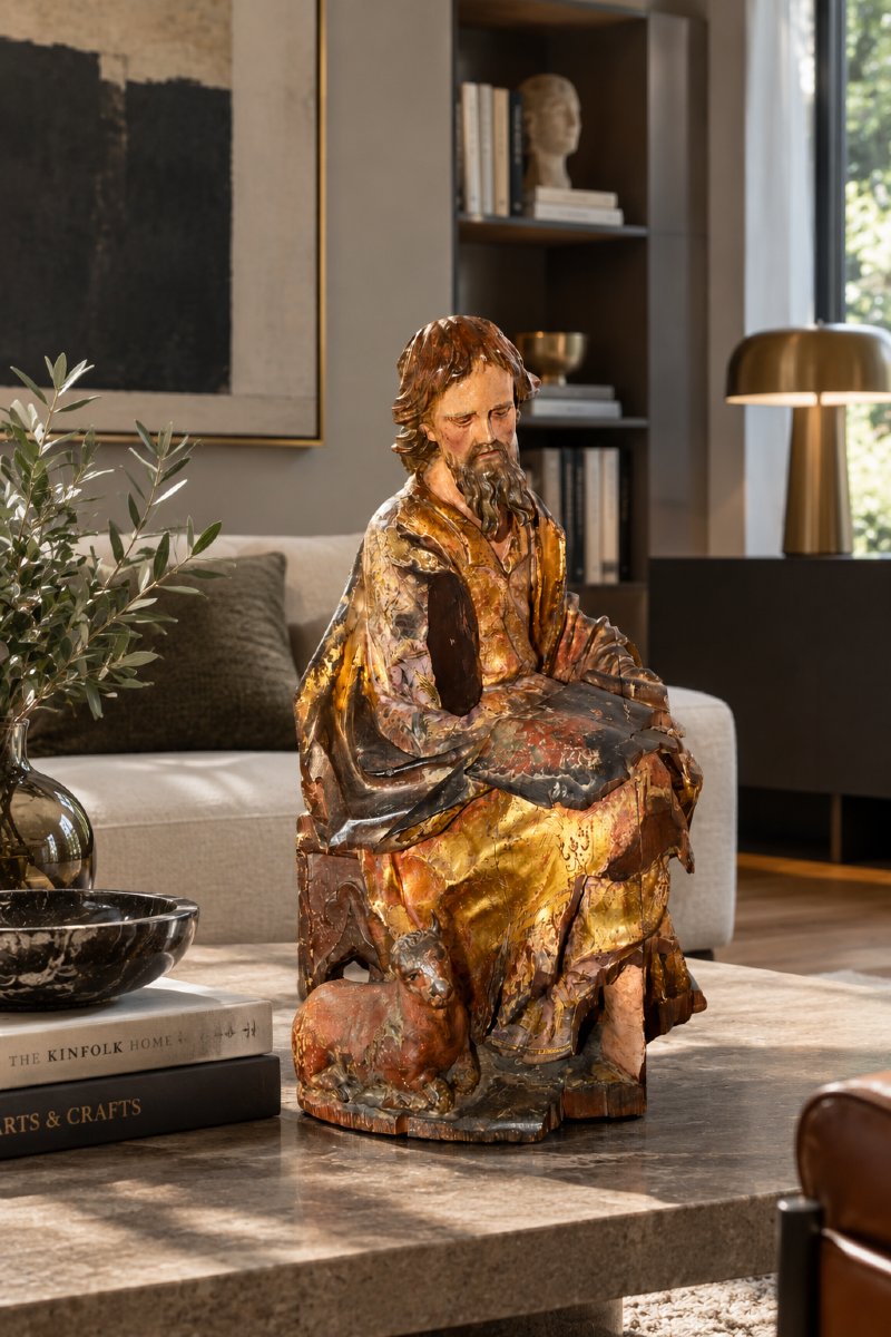 Polychrome And Gilded Wooden Sculpture Depicting Saint Luke The Evangelist, 16th Century-photo-8